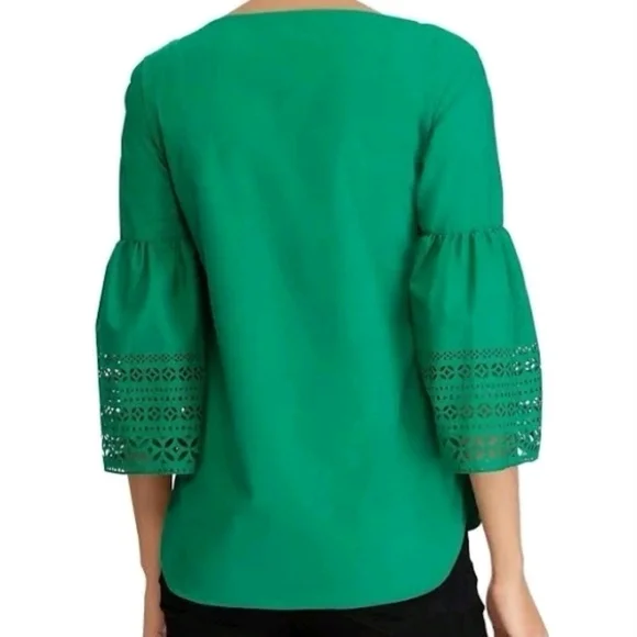 Ralph Lauren S Laser Cut Green Women Top Bell Sleeve Eyelet Blouse Casual Office - Picture 2 of 12